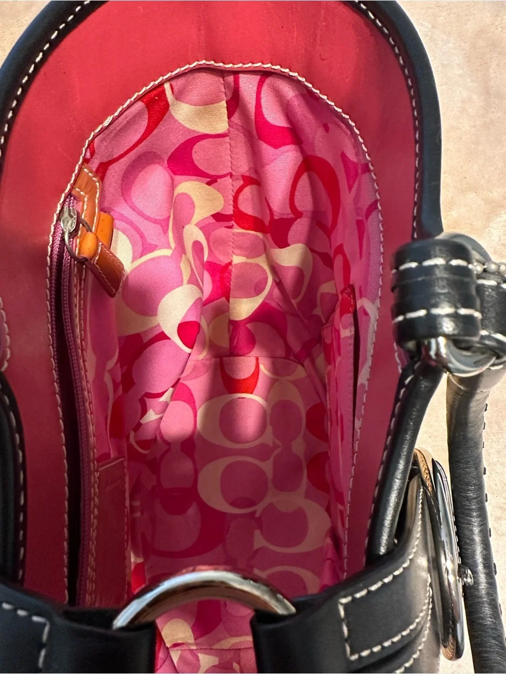 Coach SoHo Woven Straw Tote with Black Leather Trim and Pink Interior